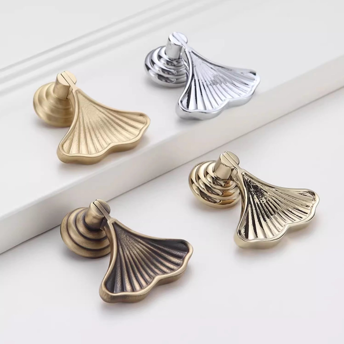 Ginkgo Leaf Drop Drawer Pulls, Solid Brass Pendant Cabinet Knobs, Nickel Gold Chrome Antique Brass