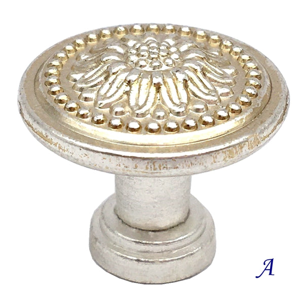 French Provincial Floral Leafy Knobs & Drawer Pulls, Antique Silver, 1.75" 2.5" 3" C-C