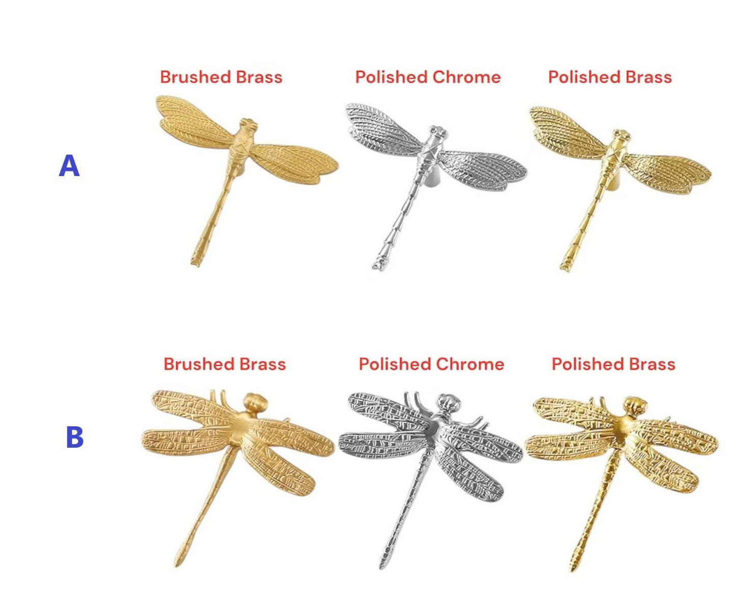 Dragonfly Brass Cabinet Knob, Polished Gold Chrome, Unique Drawer Pull, Kitchen Hardware