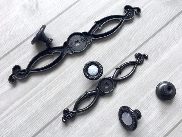 Gem Look Antique Black White Drawer Pulls, Backplates, Rustic Kitchen Hardware