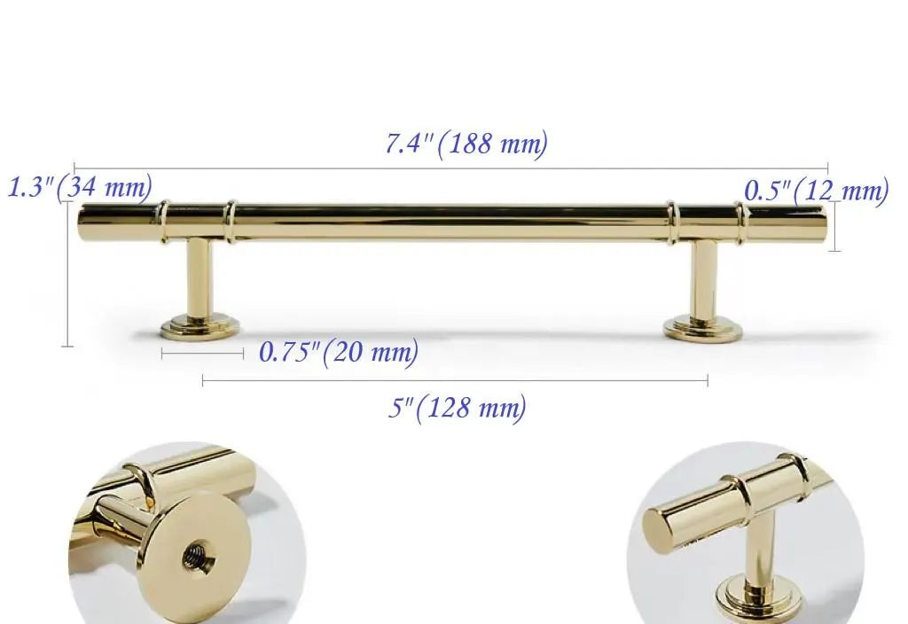 3.75" 5" Polished Gold Brass Cabinet Bar Handle, T Shaped Drawer Knob, Scandi Vanity Pull