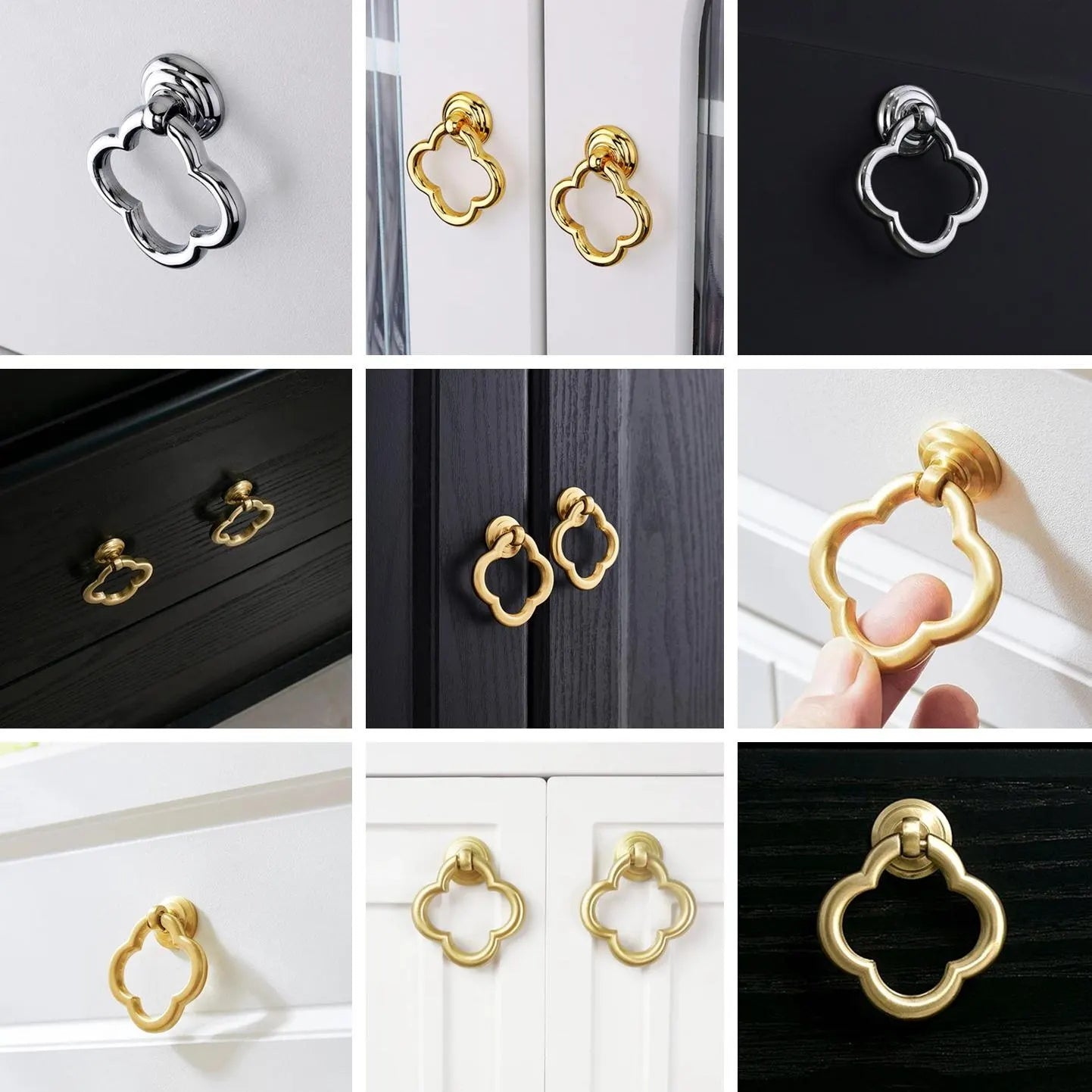 Clover Brass Drop Ring, Cabinet Knobs, MCM Drawer Pulls, Nickel Chrome Bronze