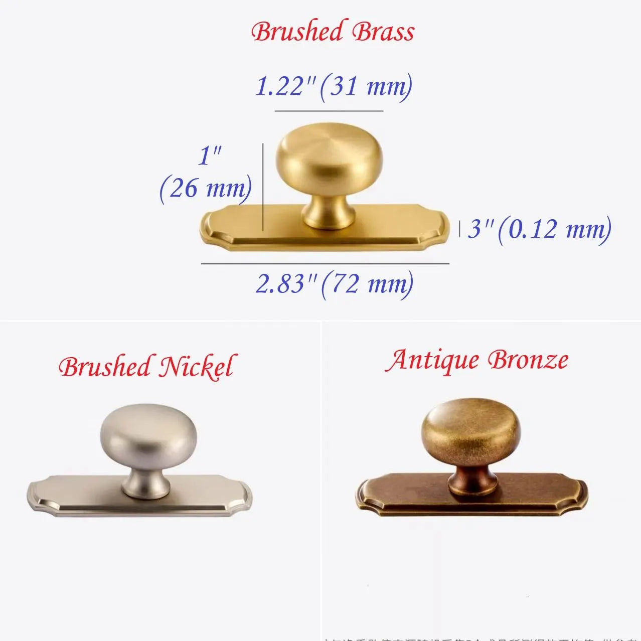 Solid Brass Round Cabinet Knob with Backplate Brushed Gold Nickel Silver Antique Bronze