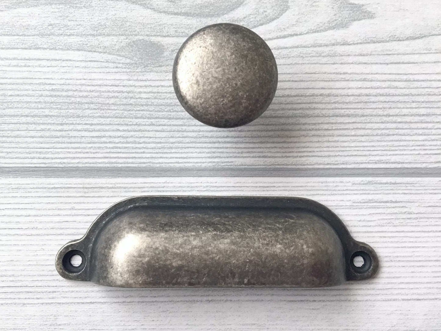 Cup Drawer Pull and Knobs, Antique Pewter, 3.5" Centers