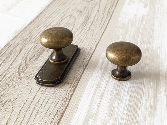Drawer Knob with Backplate, Antique Bronze, Retro Rustic MCM, Kitchen Cabinet Hardware