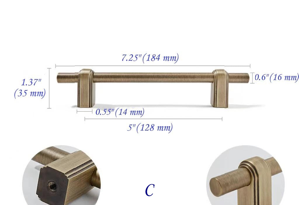 Brass T-shaped Bar Cabinet Pulls w. Drawer Knobs, Antique Bronze, Kitchen Hardware