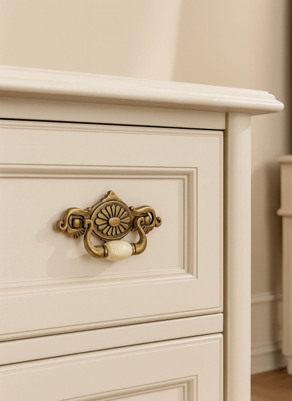 2-1/4" Drop Bail Dresser Pull, Swing Drawer Handle, Ceramic Knob, Ivory Cream Antique Bronze