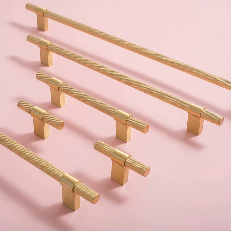 Solid brass knurled cabinet bar handles with 3.75, 5, 8.8 and 12.5 inch hole spacing