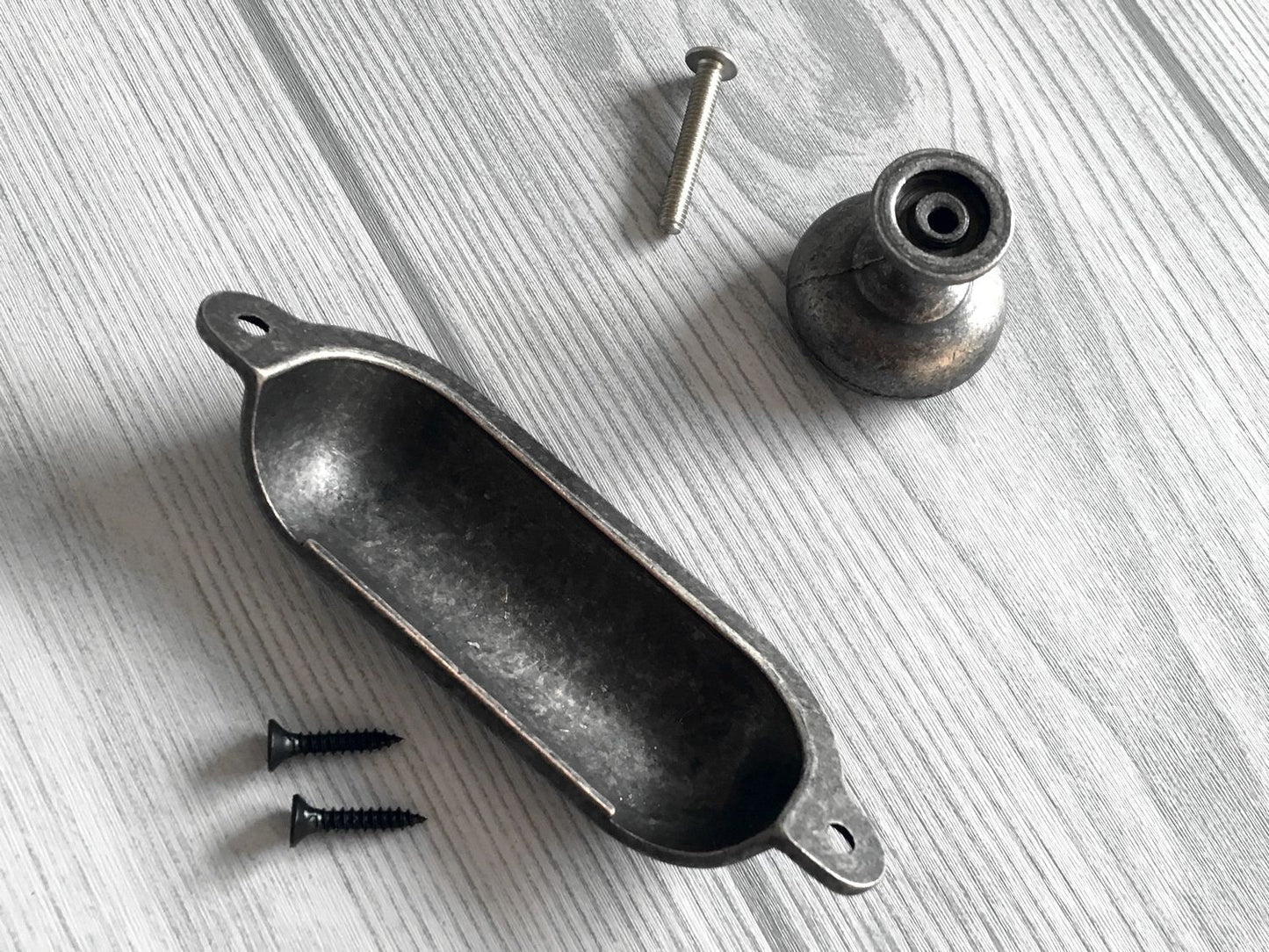 Cup Drawer Pull and Knobs, Antique Pewter, 3.5" Centers