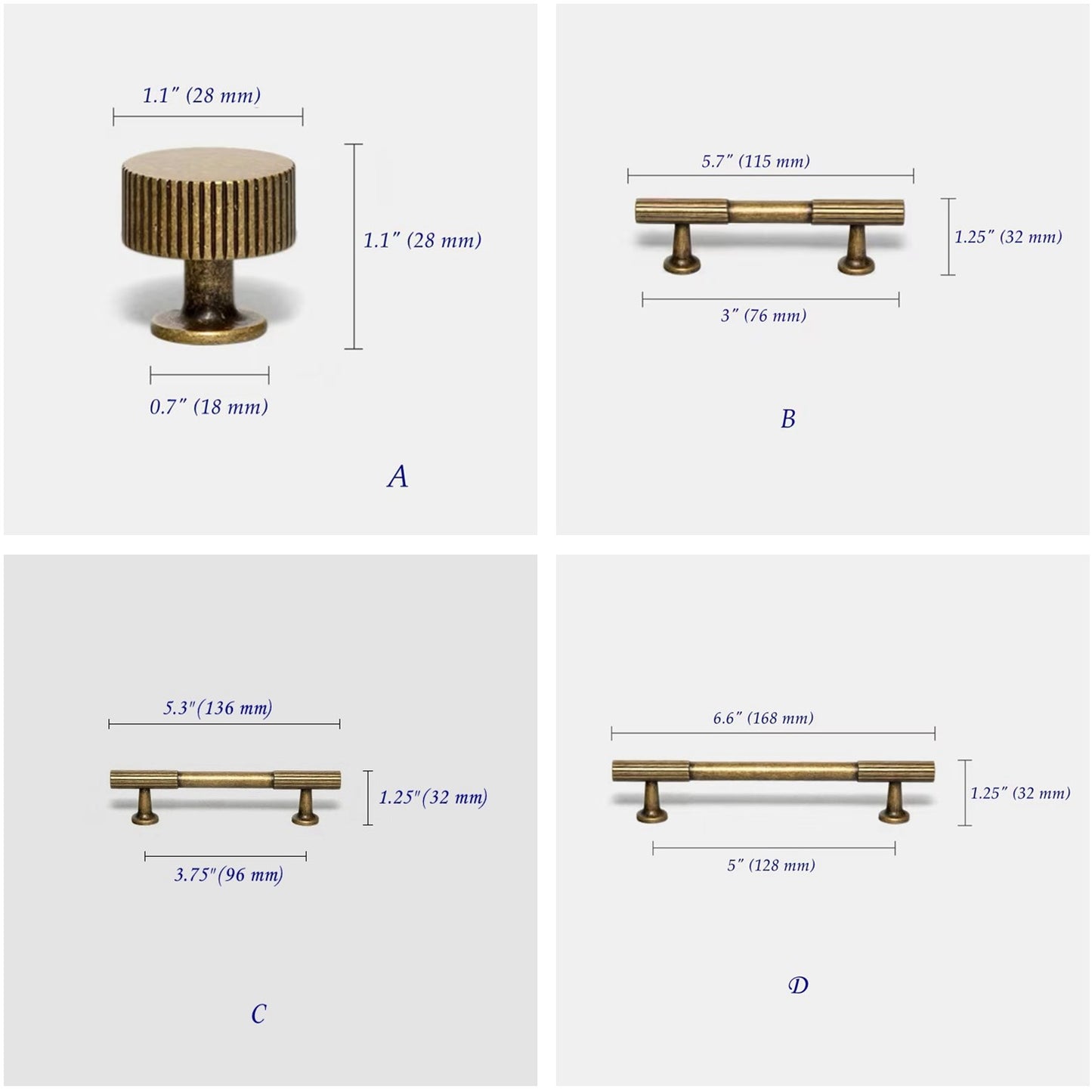 Antique Bronze Fluted Cabinet Pulls, Knurled Drawer Knobs, Kitchen Hardware