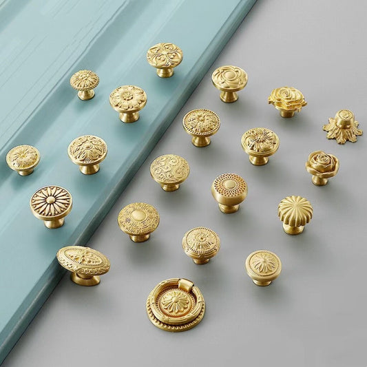 Brass Flower Patterned Knobs, Floral Drawer Pulls, Brushed Gold, Kitchen Cabinet Hardware