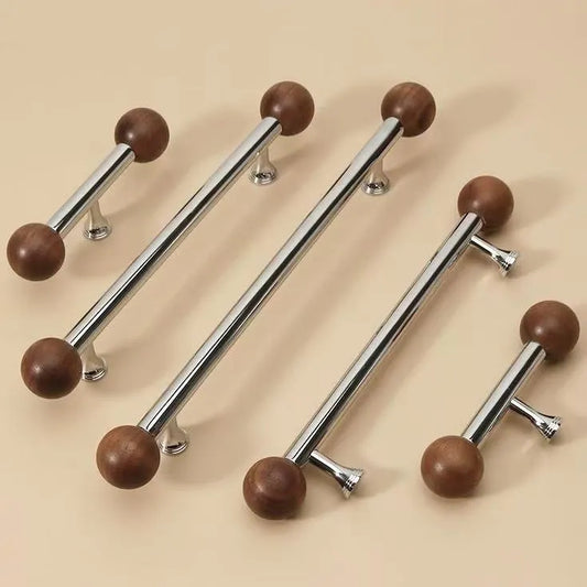 Walnut & Brass Chrome Cabinet Drawer Pull, Modern Japandi Kitchen Hardware