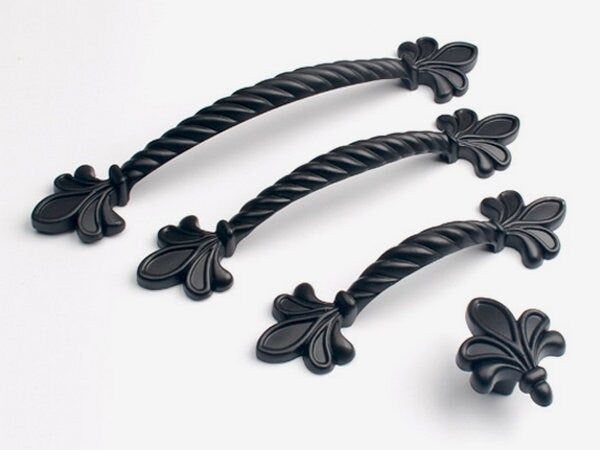 Black Fleur De Lis Cabinet Pulls, Kitchen Hardware, 2.5" 3.75" Centers