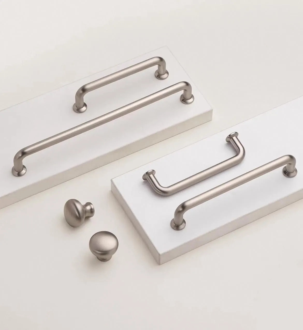 Brushed Nickel Cabinet D Handles and Ball Knobs, Modern Minimalist, 6.25" 5" 7.5" Centers