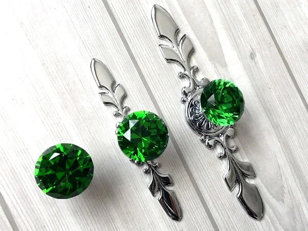 Green Glass Drawer Knobs with Backplate, Crystal Cabinet Pulls, Kitchen Hardware