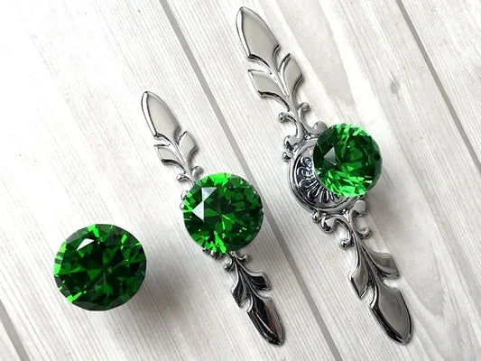 Green Glass Drawer Knobs with Backplate, Crystal Cabinet Pulls, Kitchen Hardware