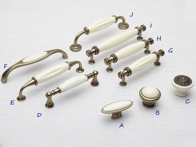 Cream Porcelain Cabinet Pulls Drawer Handles Antique Bronze