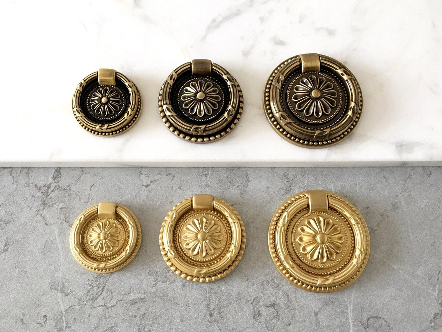 Brass Drop Ring Drawer Pulls, Floral Backplate, Antique Bronze, Gold