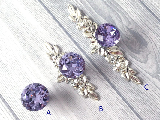 Purple Crystal Drawer Knobs with Backplate Shabby Chic