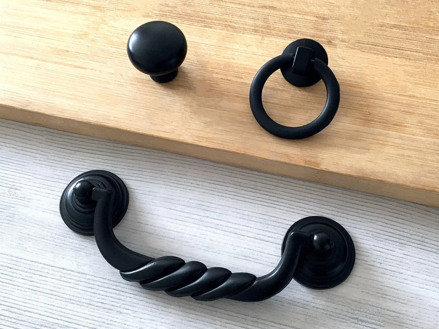 4.5" Black Bail Drawer Pull Handles, Round Knob and Drop Ring