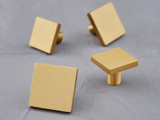 Brass Square Knobs, Brushed Gold, Minimalist Kitchen Cabinet Hardware