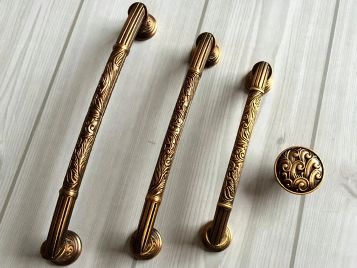 Dresser Pull Handles Knobs with Embossed Patterns, Antique Copper, Victorian Cabinet Hardware