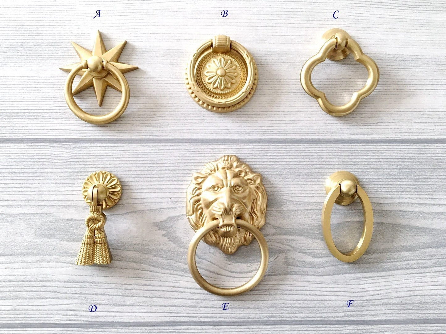 Brass Drop Ring Drawer Pulls, Lion Head, Oval, Floral Backplate, Tassel, Starburst, Clover
