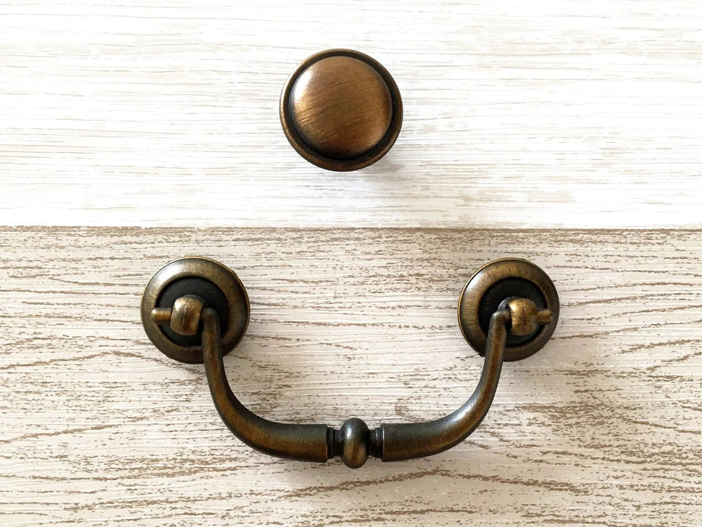3.25" Centers Vintage Style Bail Drawer Pull with matching knob, Antique Gold Brass