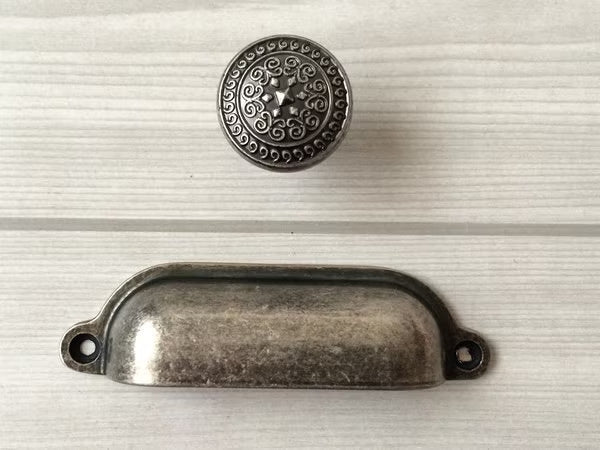 3.5" Antique Pewter Cup Drawer Pull and Knobs with emobssed motif