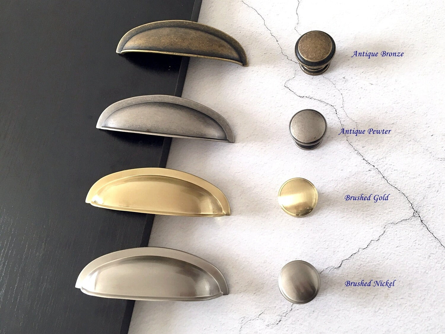 3" Cup Drawer Pull & Cabinet Knob 76 mm Centers, Gold, Nickel, Bronze and Pewter