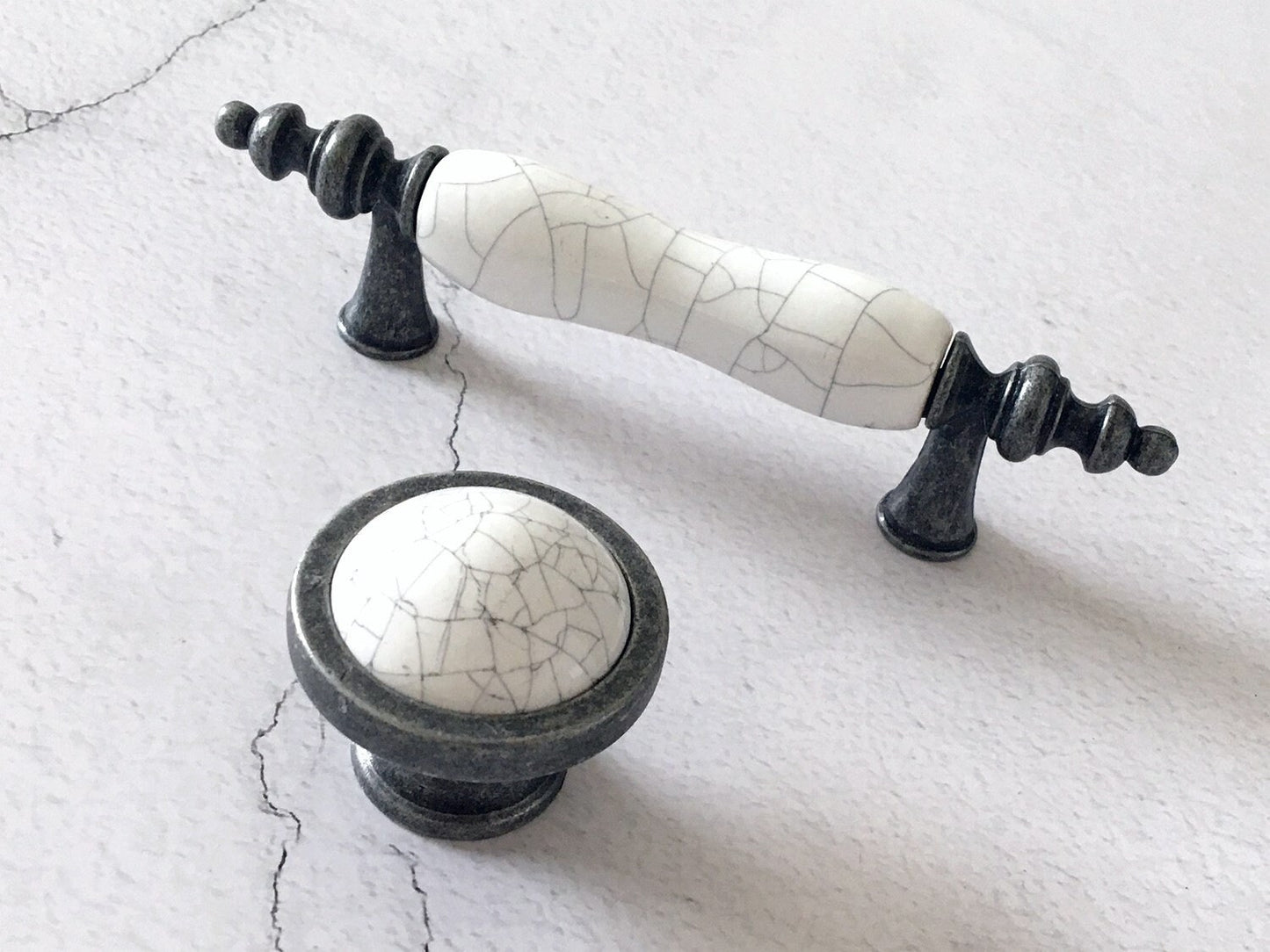 3" Drawer Pull Handles, White Crackle, Antique Pewter, 76 mm Centers