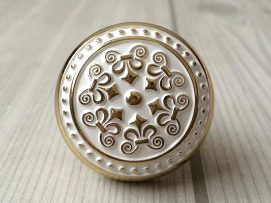 Shabby Chic Drawer Knob, Gold White Cabinet Door Pull, Decorative Kitchen Hardware