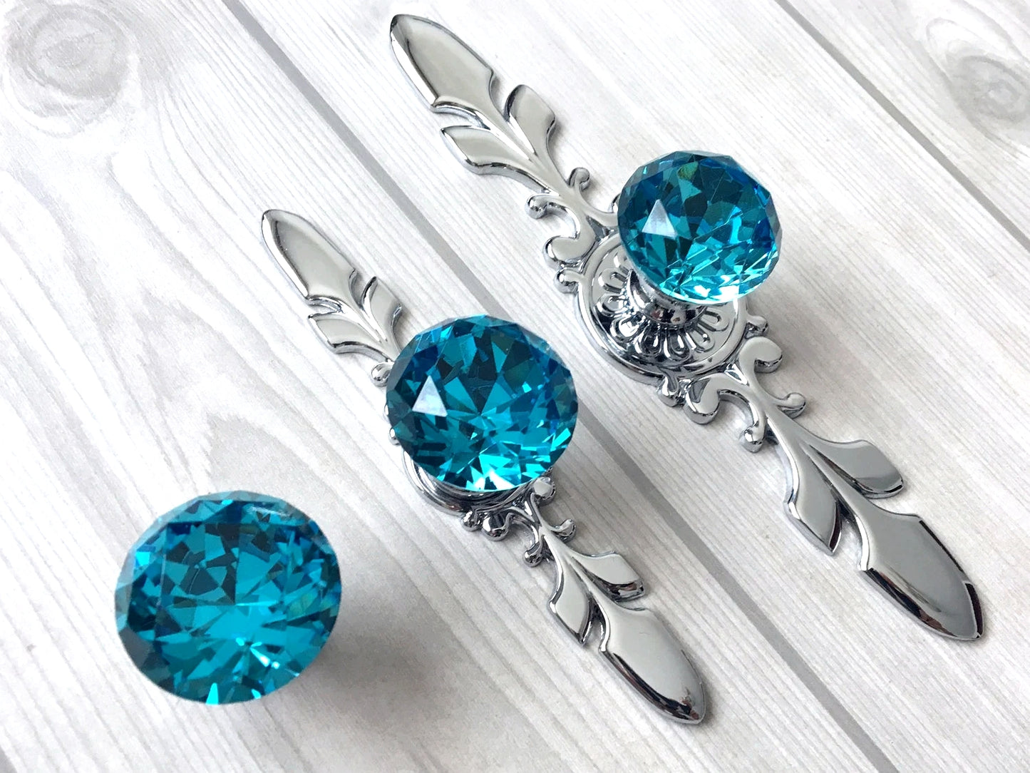 Blue Glass Drawer Knobs with Backplate, Polished Chrome