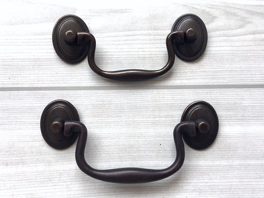 3.5" 4" Bail Drawer Pulls, Drop Handles, Dark Antique Brass,  Vintage Style