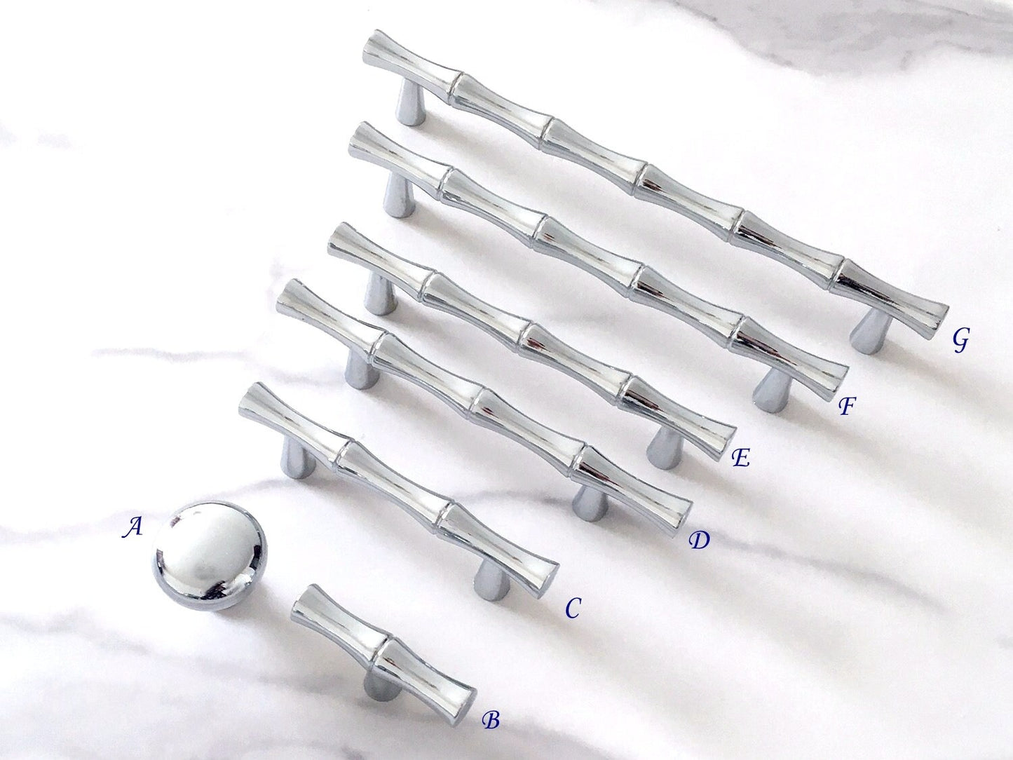 Bamboo Cabinet Pulls and Drawer Knobs, Polished Chrome Silver, Modern Kitchen Hardware