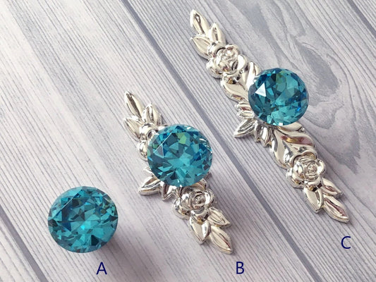 Blue Glass Drawer Knobs with Floral Back Plates, Polished Silver