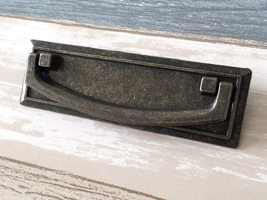 3" Vintage Style Drop Bail Drawer Pulls with Rectangle Backplate, Antique Bronze