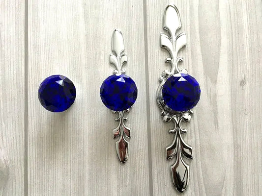 Blue Glass Drawer Knobs with Back Plate, Polished Chrome