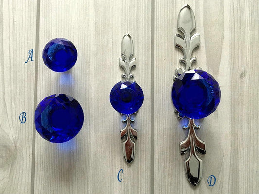 Blue Glass Drawer Knobs with Backplate, Polished Chrome, Kitchen Hardware