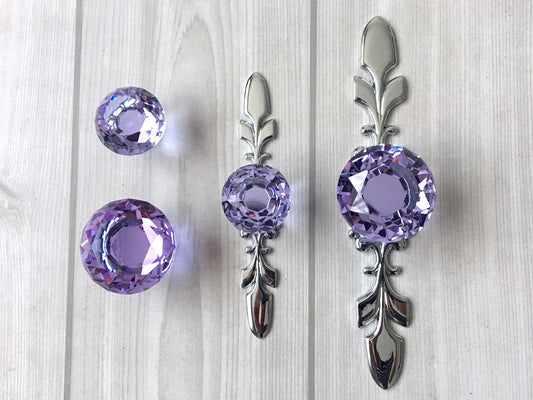 Purple Glass Drawer Knobs with Backplate, Polished Chrome