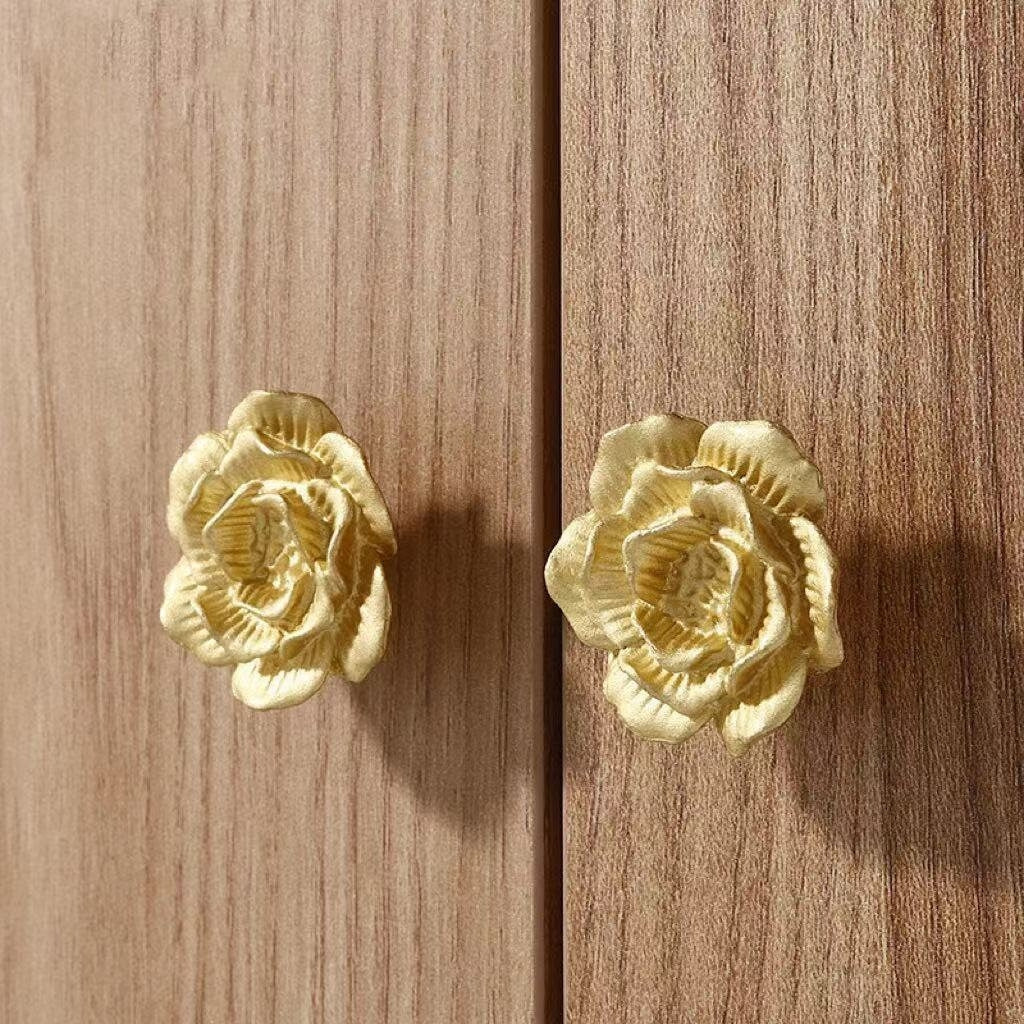 Decorative Camellia Brass Knobs, Blossom Petal Cabinet Pulls, Kitchen Hardware