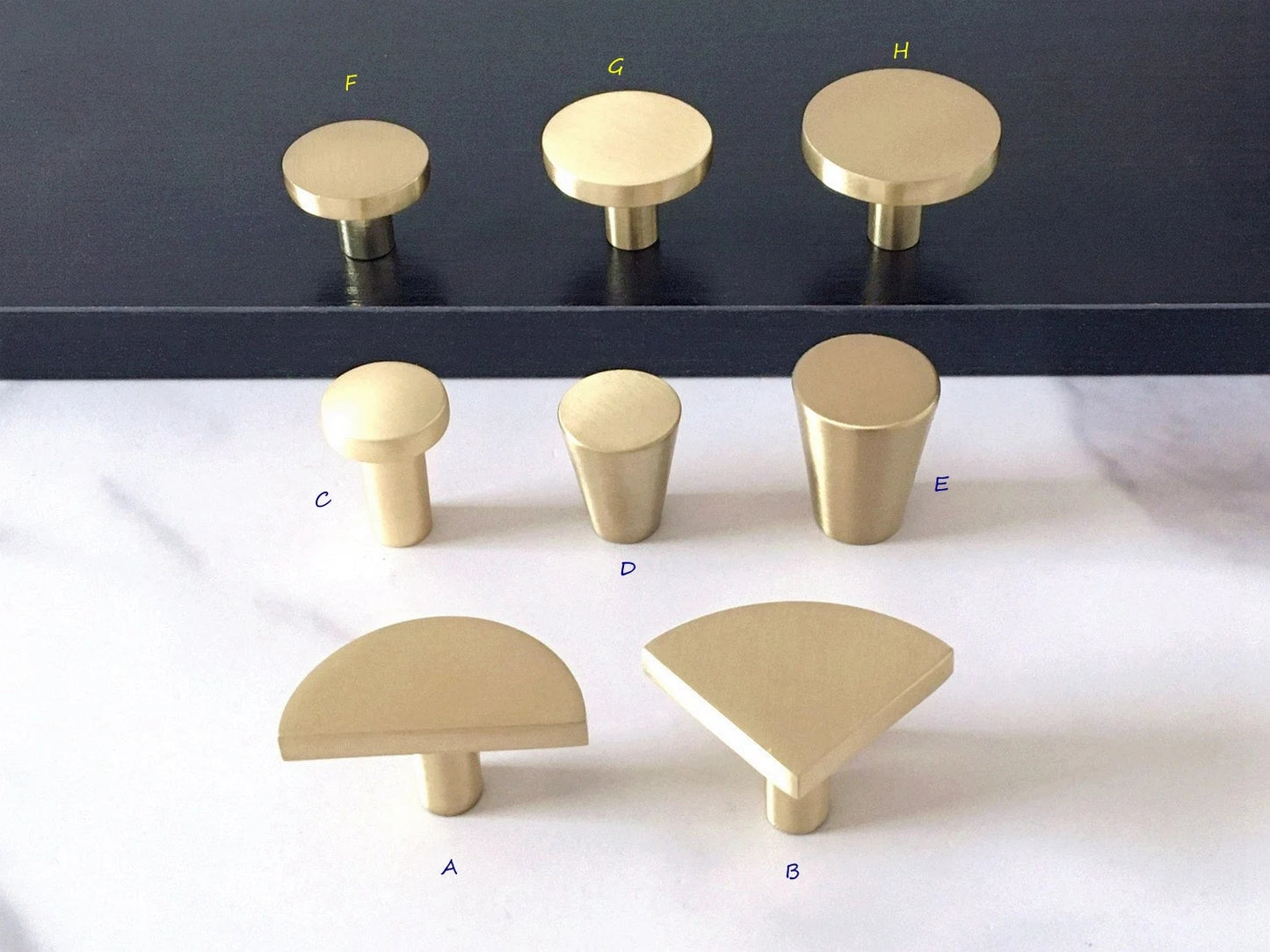 Brushed Gold Dresser Drawer Knob, Kitchen Cabinet Pull, Half Circle, Quarter Moon, Conical