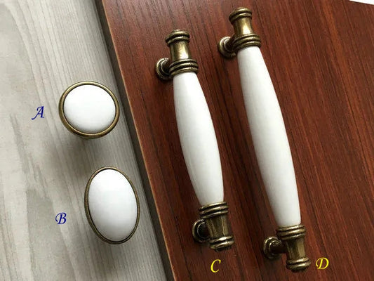3.75" 5" Porcelain Drawer Pull,  White Antique Bronze, Kitchen Door Handle