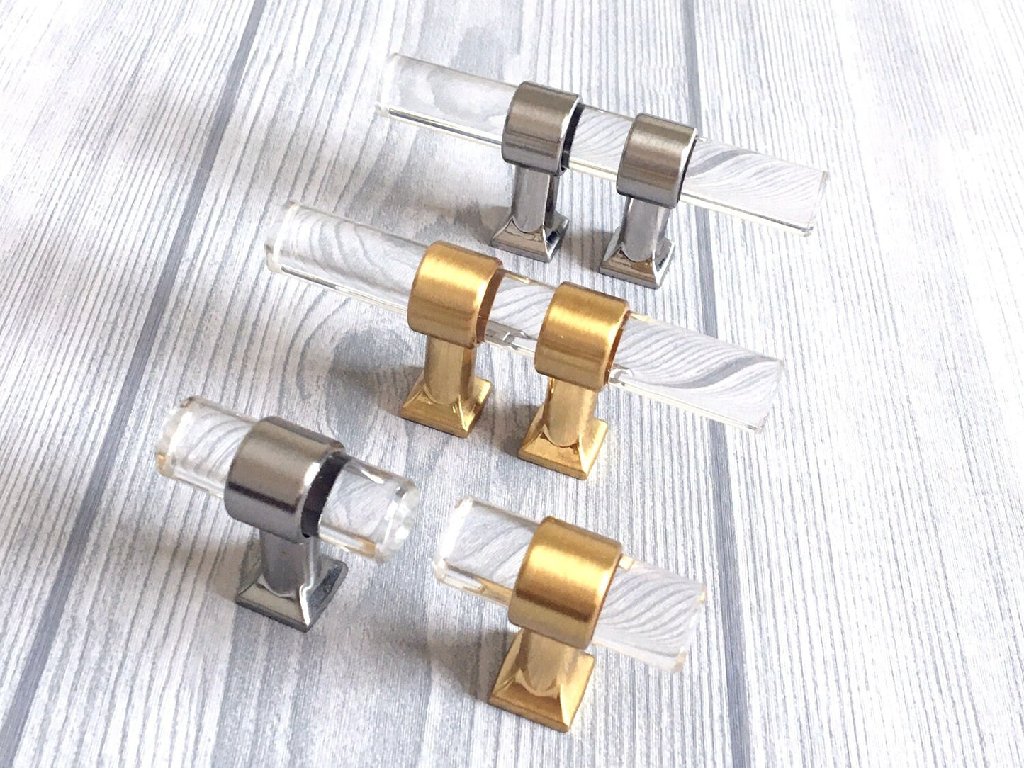 1" Centers, Acrylic Drawer Pulls, Lucite Cabinet Knobs, Black Gold Nickel Silver