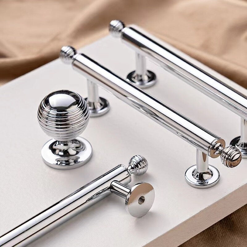 Beehive Brass Cabinet Pulls and Knobs, Polished Gold and Chrome, Luxurious