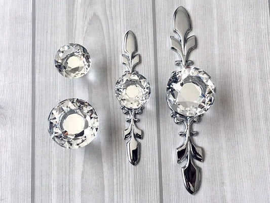 Clear Glass Drawer Knobs with Backplate, Polished Chrome
