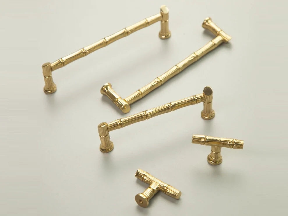 Bamboo Drawer Handles, Polished Gold, Kitchen Cabinet Hardware, 3.75" 5" 7.5" Centers