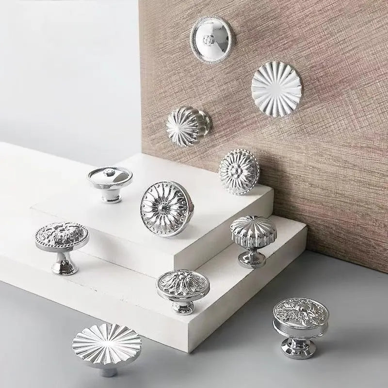 Assorted Polished Chrome Cabinet Knob, Shiny Silver Floral Drawer Pull, Kitchen Hardware