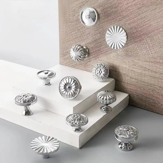 Assorted Polished Chrome Cabinet Knob, Shiny Silver Floral Drawer Pull, Kitchen Hardware