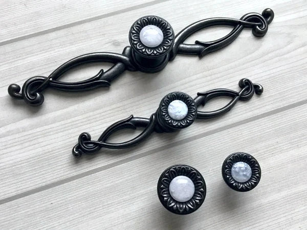 Gem Look Antique Black White Drawer Pulls, Backplates, Rustic Kitchen Hardware